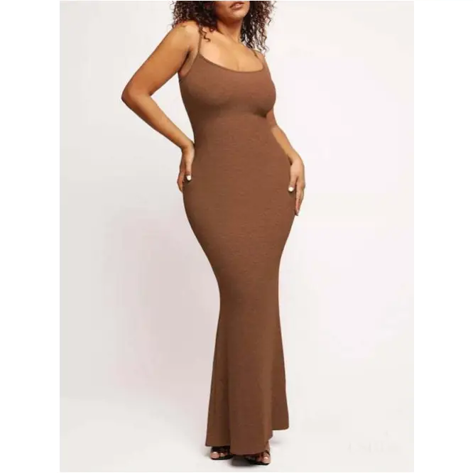 Robe Moulante Longue - Marron / 2XL - Robe