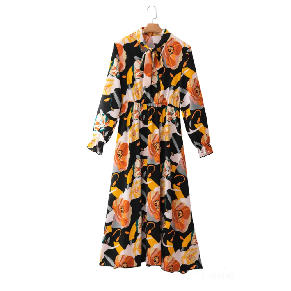 Robe orange à manches longues et col noué à imprimé floral-3