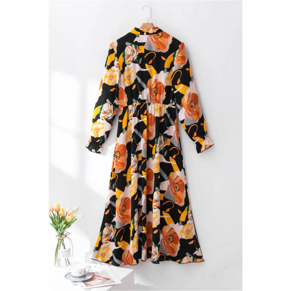 Robe orange à manches longues et col noué à imprimé floral-4