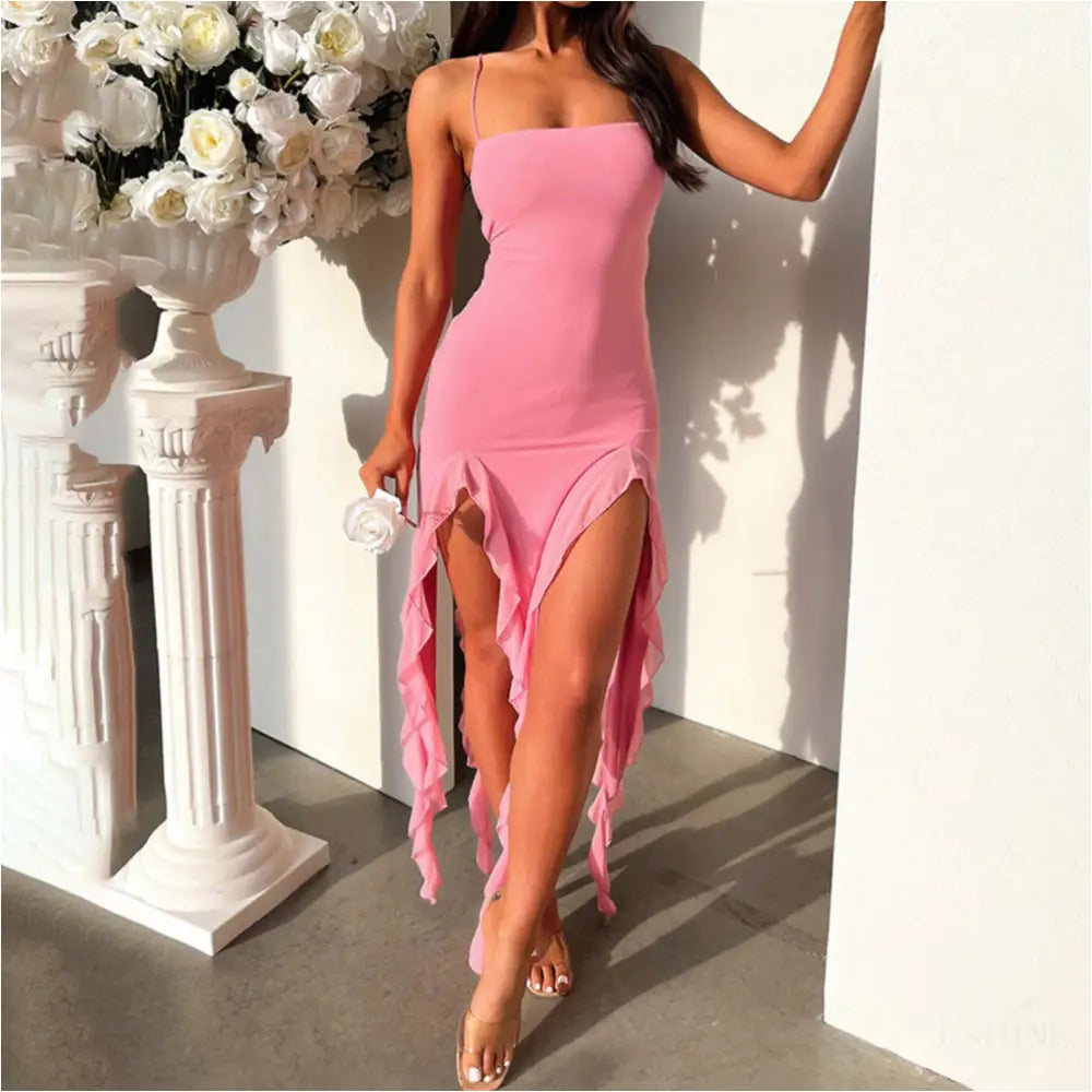 Robe à volants en polyester - Rose / L - Robe été