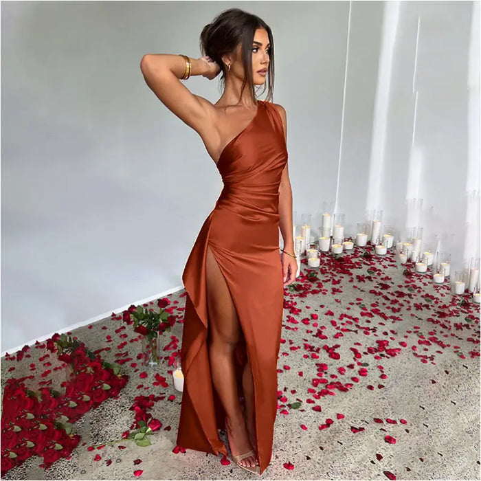 Robe Sexy Élégante Une Épaule - Brown / L - Robe de soirée