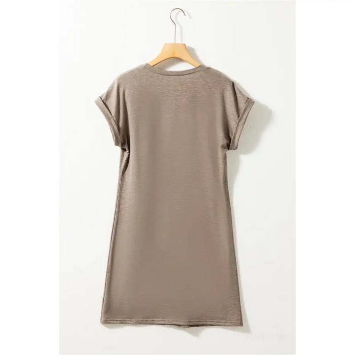 Robe T-shirt beige clair avec couture centrale et poignets roulés-5