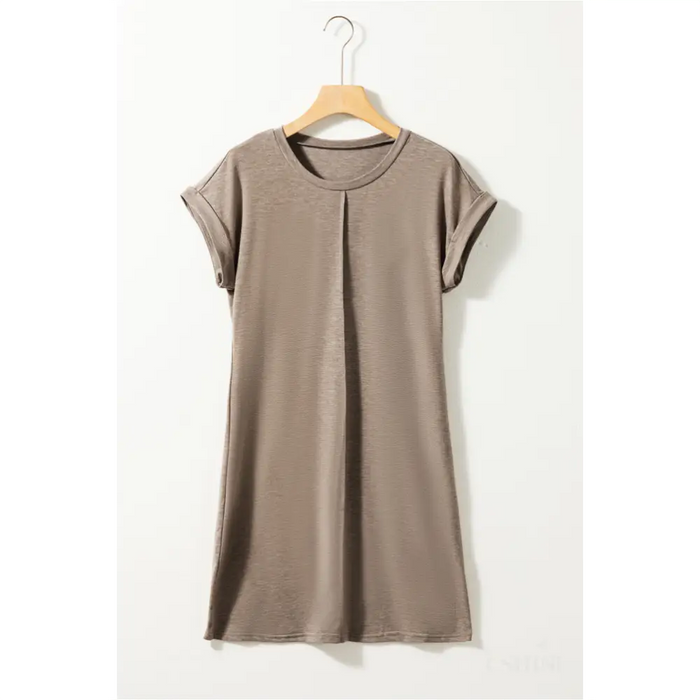 Robe T-shirt beige clair avec couture centrale et poignets roulés-4