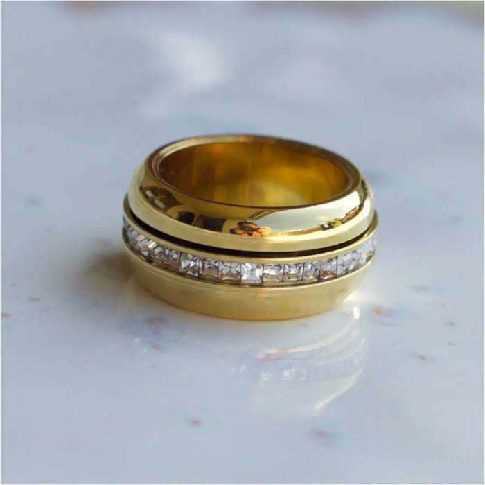 Romane - Wide Crystal Plain Gold Band-2