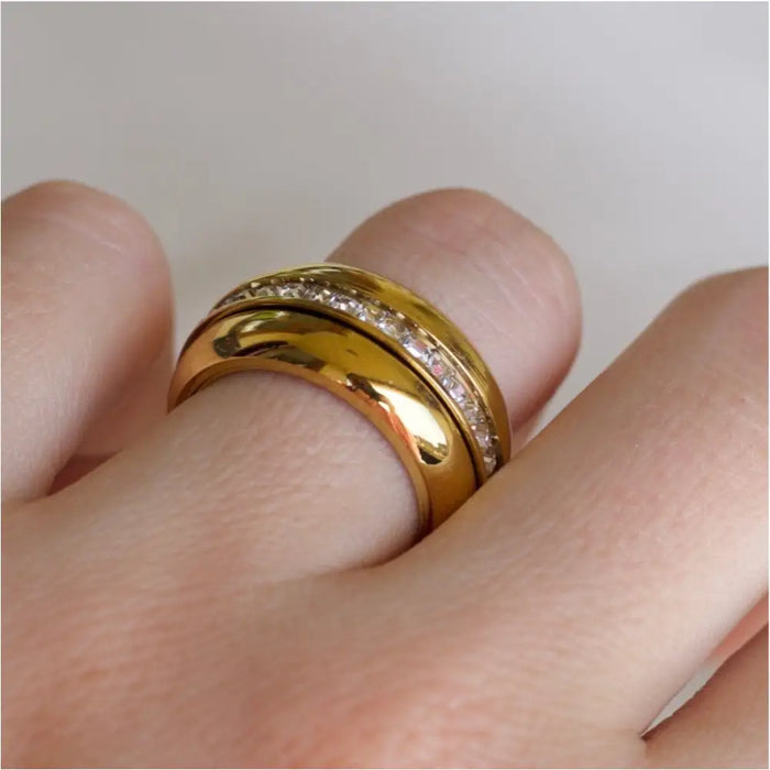 Romane - Wide Crystal Plain Gold Band-8