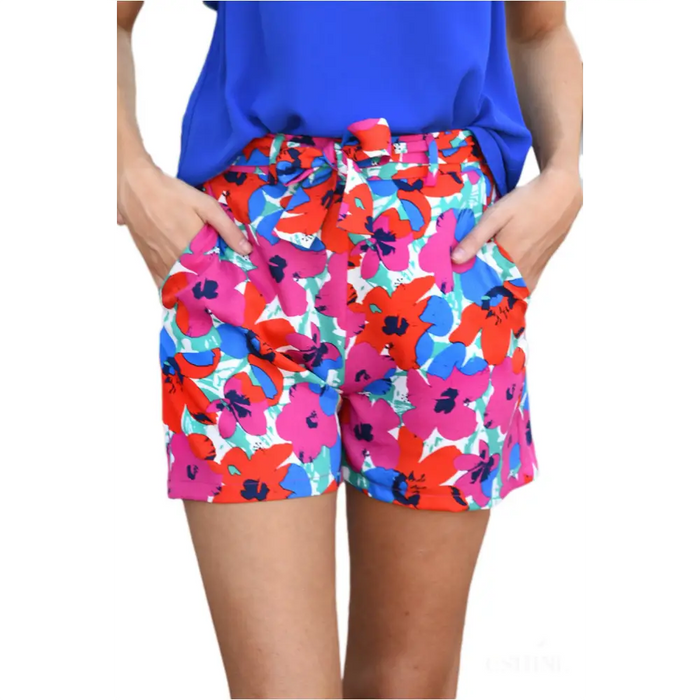 Rose Floral Print Belted Shorts-4