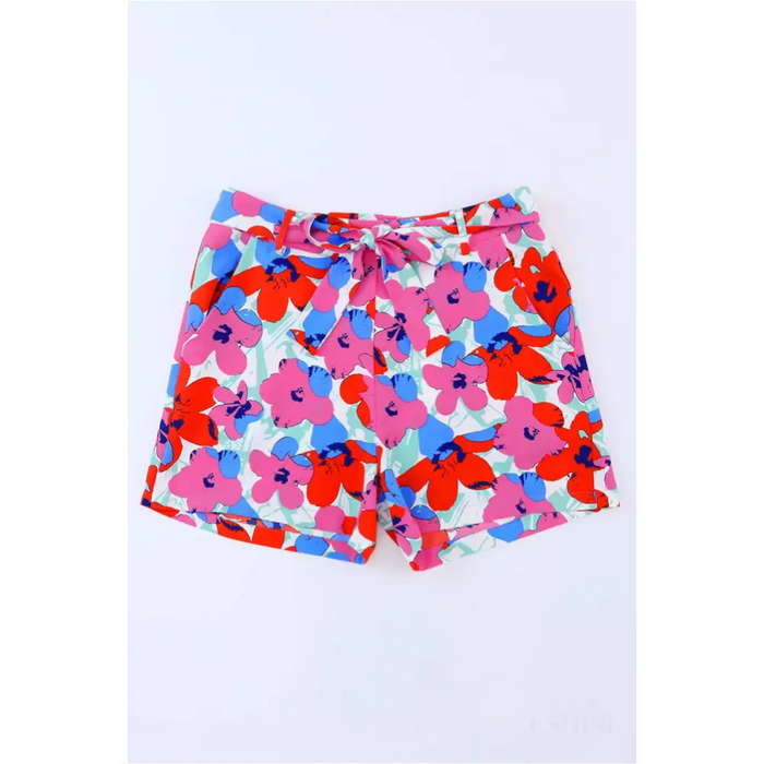 Rose Floral Print Belted Shorts-5