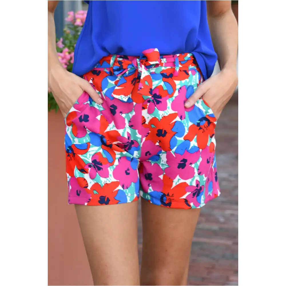 Rose Floral Print Belted Shorts-0