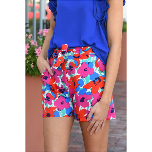 Rose Floral Print Belted Shorts-1