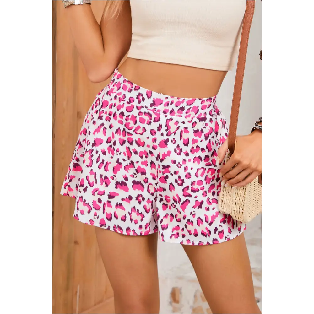 Rose Leopard Print Flutter Casual Shorts-0