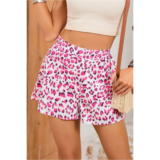 Rose Leopard Print Flutter Casual Shorts-0