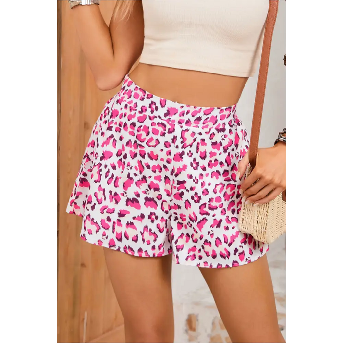 Rose Leopard Print Flutter Casual Shorts-0