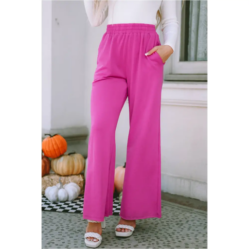 Rose - Pantalon large à taille élastique et poches-0