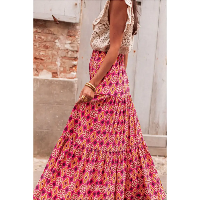 Rose Vintage Boho Floral Print Tiered Maxi Skirt-4