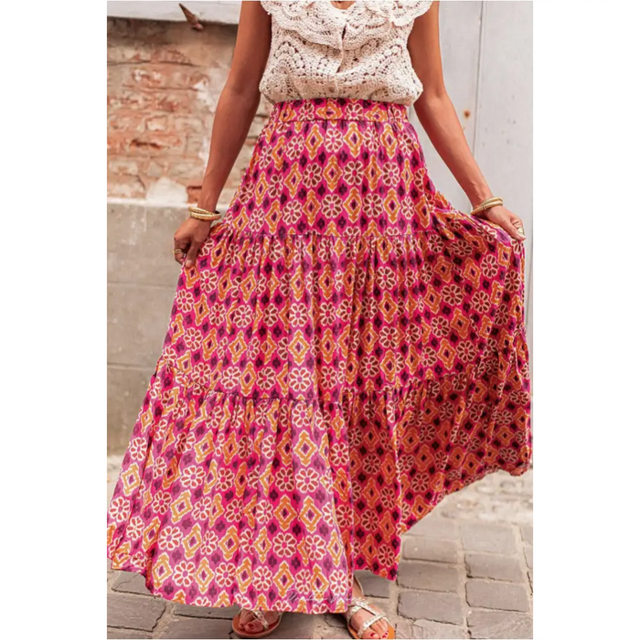 Rose Vintage Boho Floral Print Tiered Maxi Skirt-3