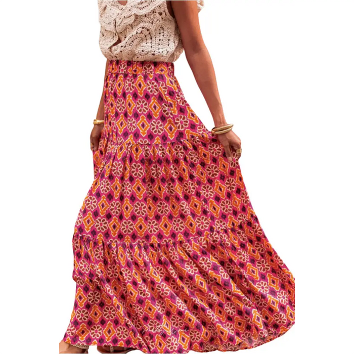 Rose Vintage Boho Floral Print Tiered Maxi Skirt-5