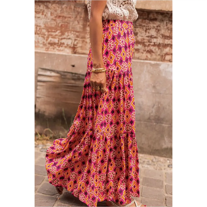 Rose Vintage Boho Floral Print Tiered Maxi Skirt-2