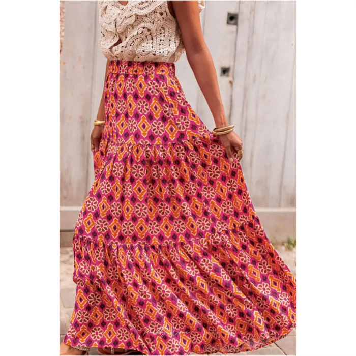 Rose Vintage Boho Floral Print Tiered Maxi Skirt-0