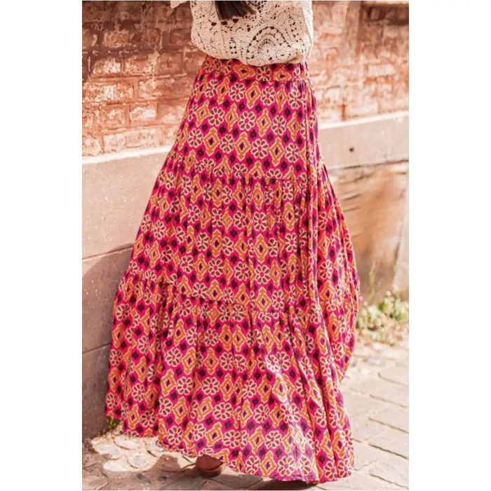 Rose Vintage Boho Floral Print Tiered Maxi Skirt-1