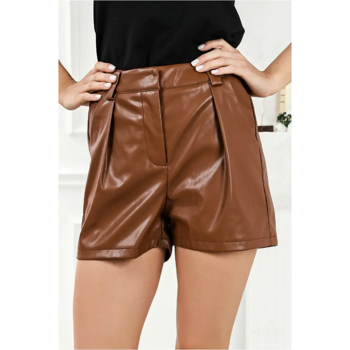 Short décontracté plissé en simili cuir marron-7