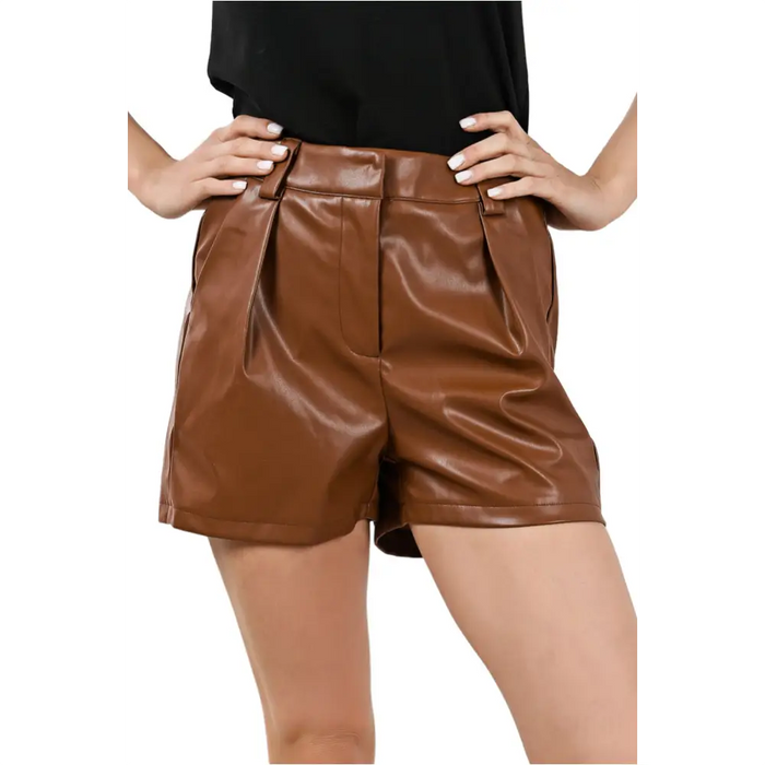 Short décontracté plissé en simili cuir marron-16