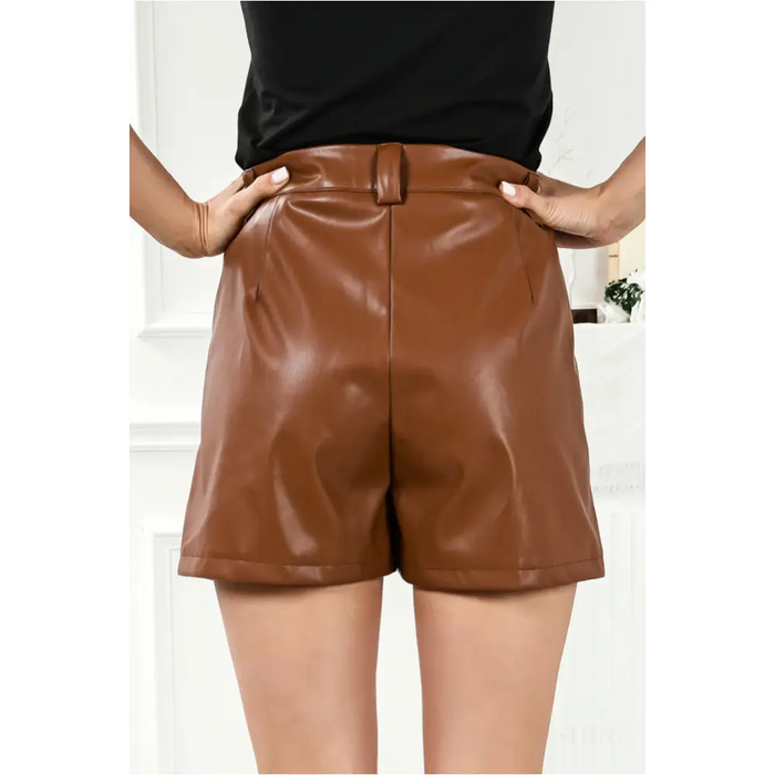 Short décontracté plissé en simili cuir marron-6