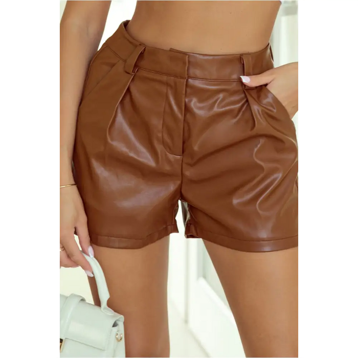 Short décontracté plissé en simili cuir marron-0