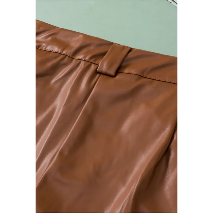 Short décontracté plissé en simili cuir marron-23