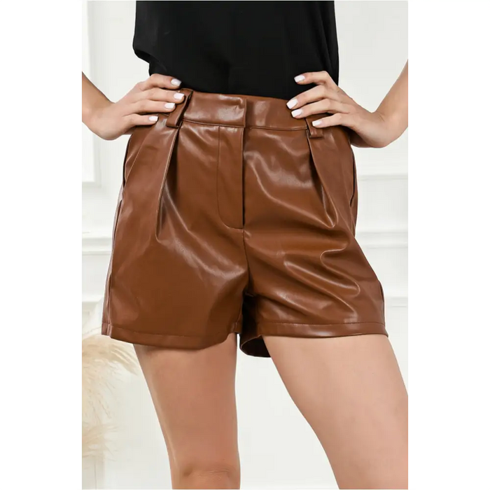 Short décontracté plissé en simili cuir marron-5