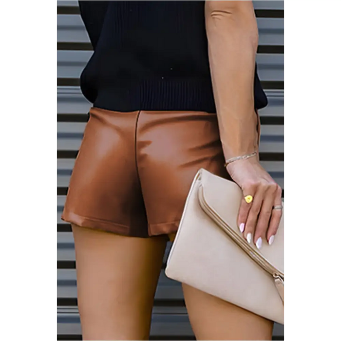 Short décontracté plissé en simili cuir marron-11