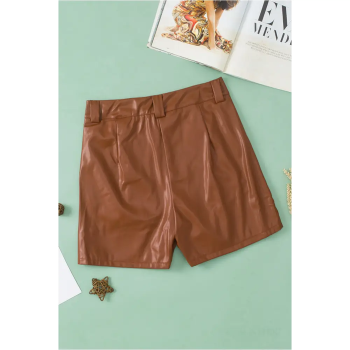 Short décontracté plissé en simili cuir marron-19