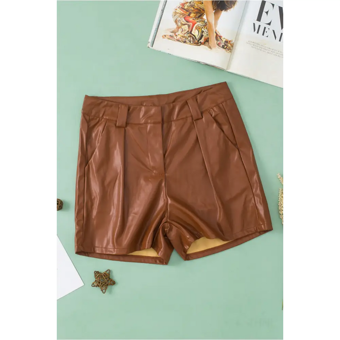 Short décontracté plissé en simili cuir marron-18