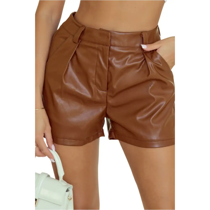 Short décontracté plissé en simili cuir marron-17