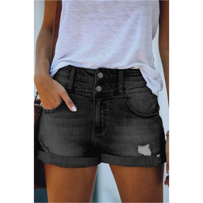 Short en denim à taille haute et à poignets gris-0