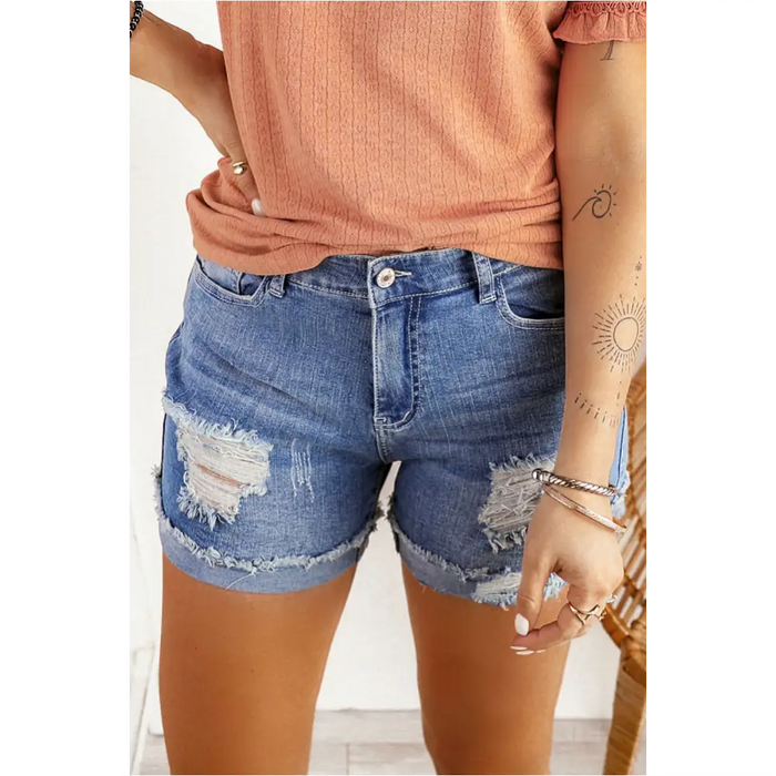 Short en denim bleu roulé et déchiré-2