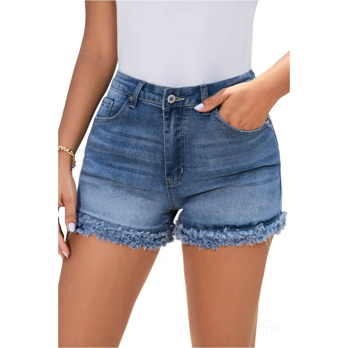 Short en jean skinny taille haute bleu à ourlet brut-8