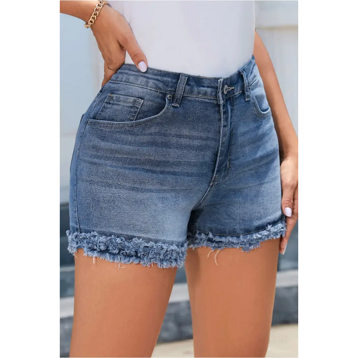 Short en jean skinny taille haute bleu à ourlet brut-2