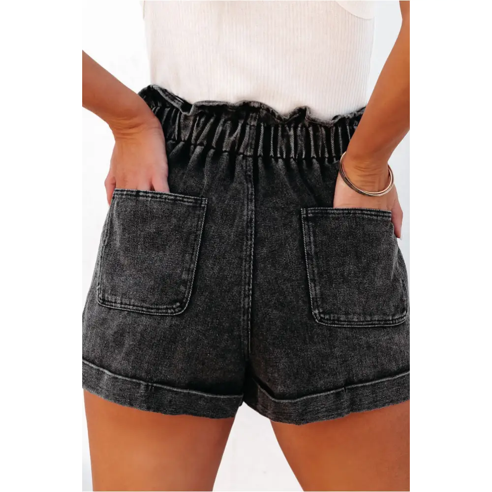 Short en jean taille haute noir délavé à volants-1