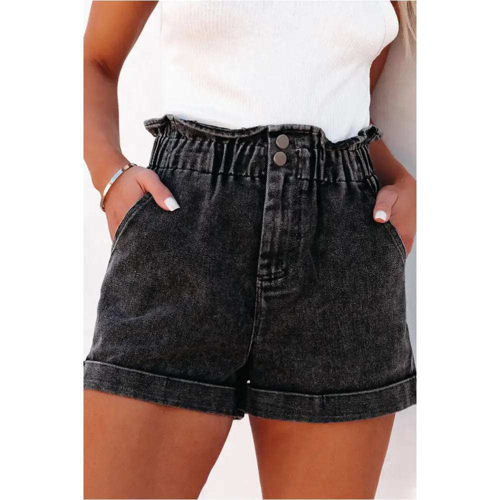 Short en jean taille haute noir délavé à volants-0