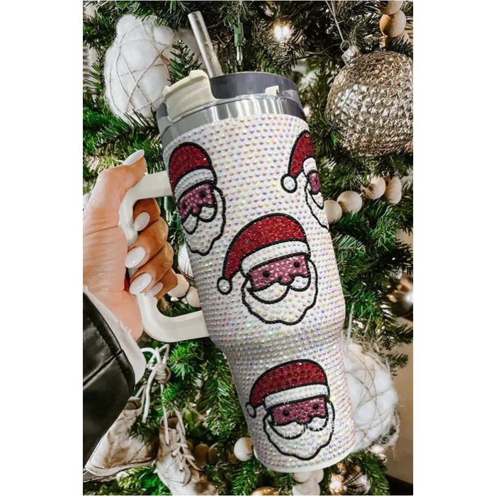 Thermos blanc Père Noël en diamant avec paille 1L-1