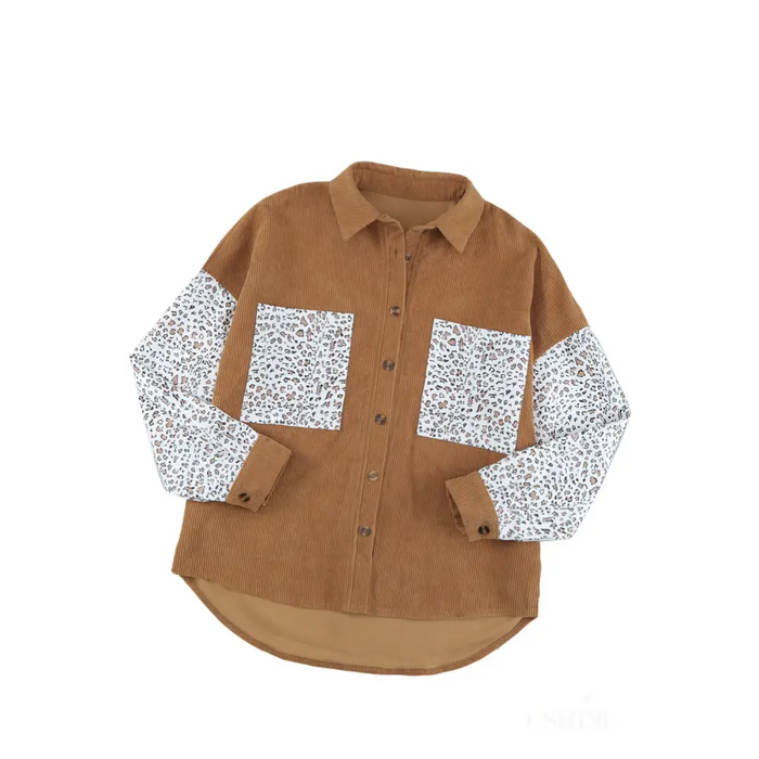 Veste chemise boutonnée en velours de léopard marron-19